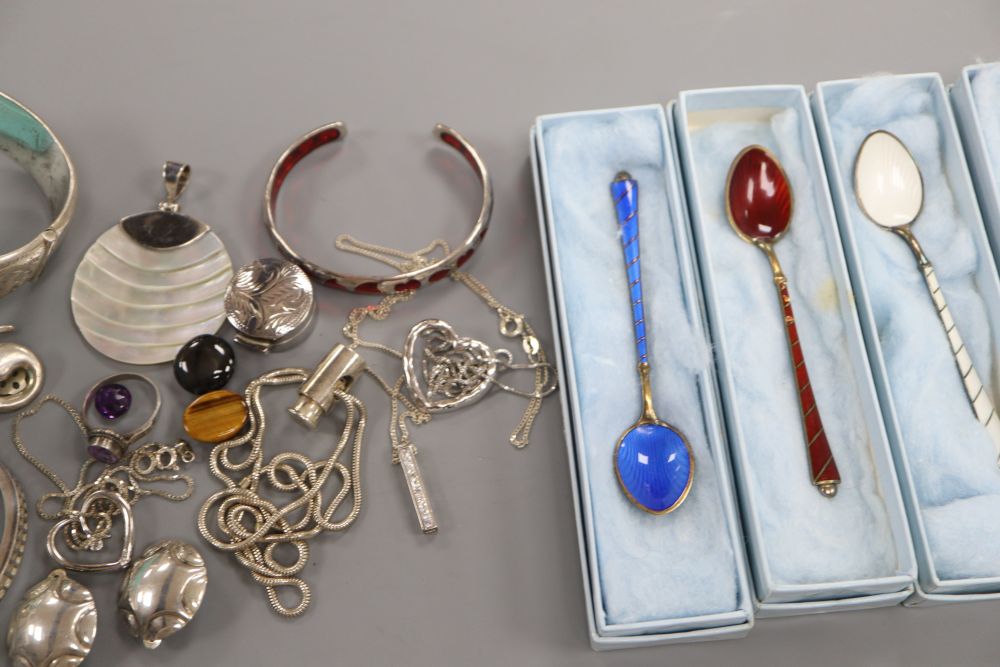 Egon Lauridsen, Denmark, a set of five silver-gilt and enamel coffee spoons and a collection of modern silver jewellery,